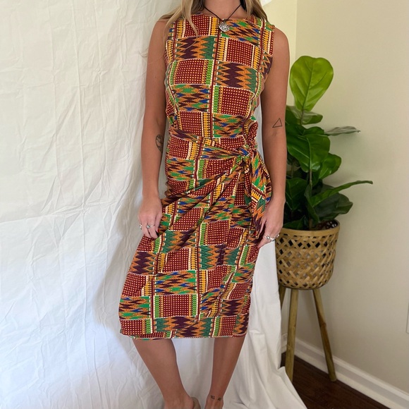 Vintage 90s Abstract Tie Waist Midi Dress - Picture 3 of 7